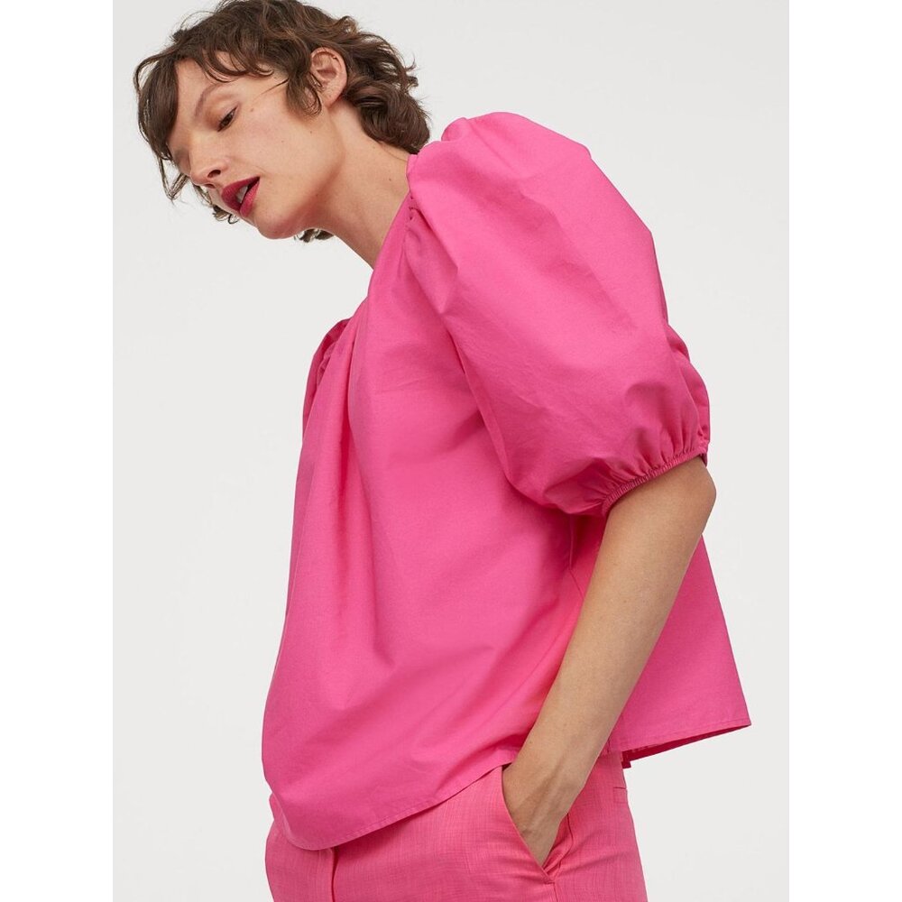 H&M Blouse Size Medium Tie Back Puff Sleeve Top Cotton Pink Feminine Barbiecore